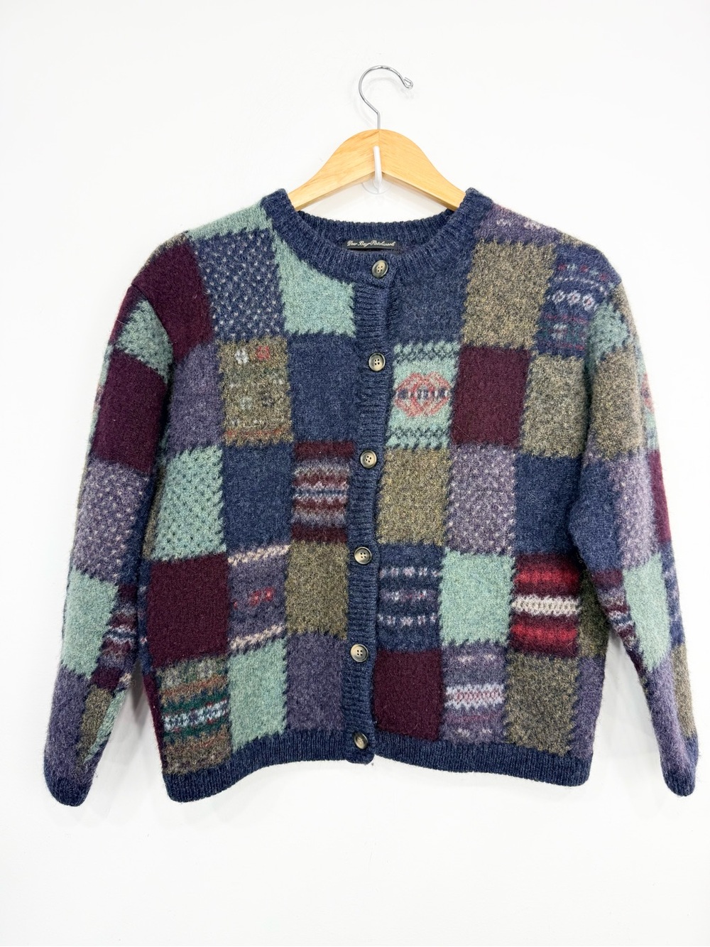 Eddie Bauer Legend Vintage Deer Bay Patchwork 100% Wool Cardigan Sweater